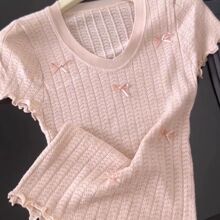 2026穿搭洋气简约韩系复古蝴蝶结短袖针织衫夏甜妹少女粉色上衣