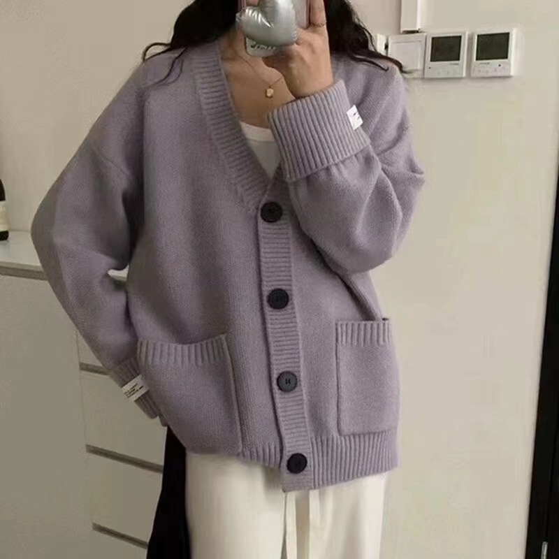 韩版复古V领针织开衫女秋冬新款宽松卷边袖贴布口袋软糯毛衣外套|undefined