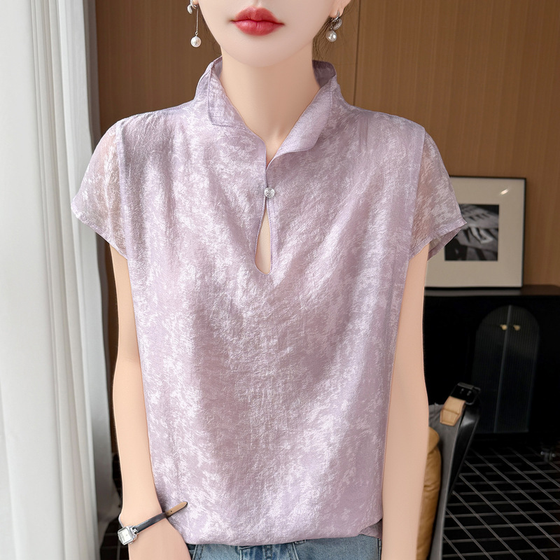 Zen-Inspired New Chinese-Style Stand-Collar Short-Sleeve Shirt for Women, 2026 Summer New Organza Loose-Fitting Elegant Slimming T-Shirt Top
