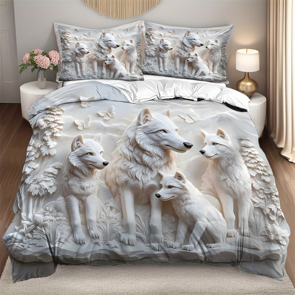 TEMU / JIT transfronterizo impresión digital abrasión edredón kit tridimensional animal lobo blanco estilo textil para el hogar dibujo puede hacer