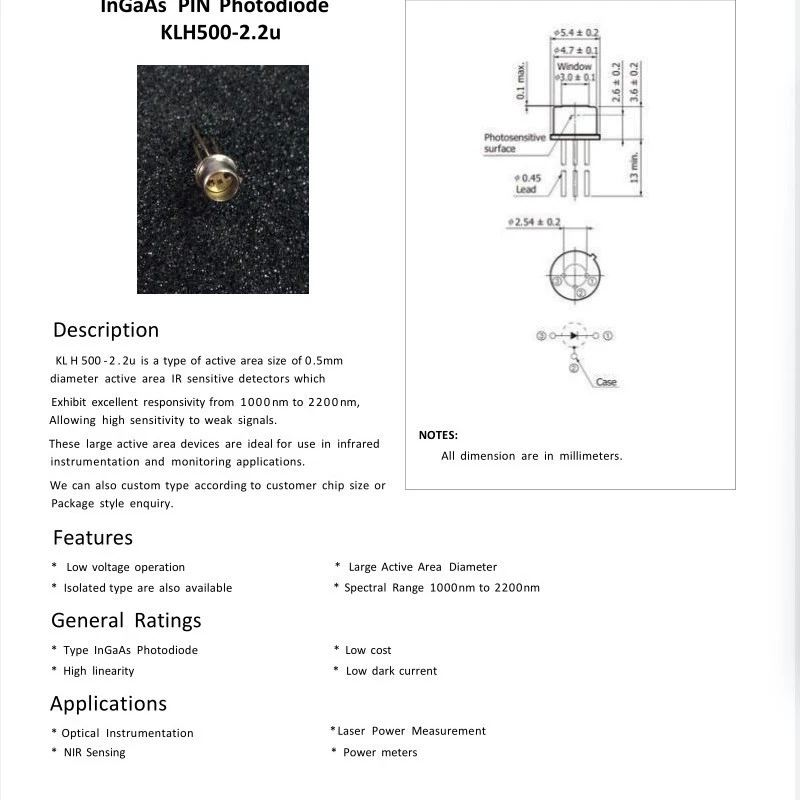 KLH500-2.2 u инфракрасный чувствительный детектор, спектр 1000–2200 нм, диаметр: 0.5 мм