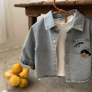 [Handsome and Versatile] Children's Denim Shirt 2025 Boys New Style Girls Baby Shirt Cartoon Long-Sleeved Fashion