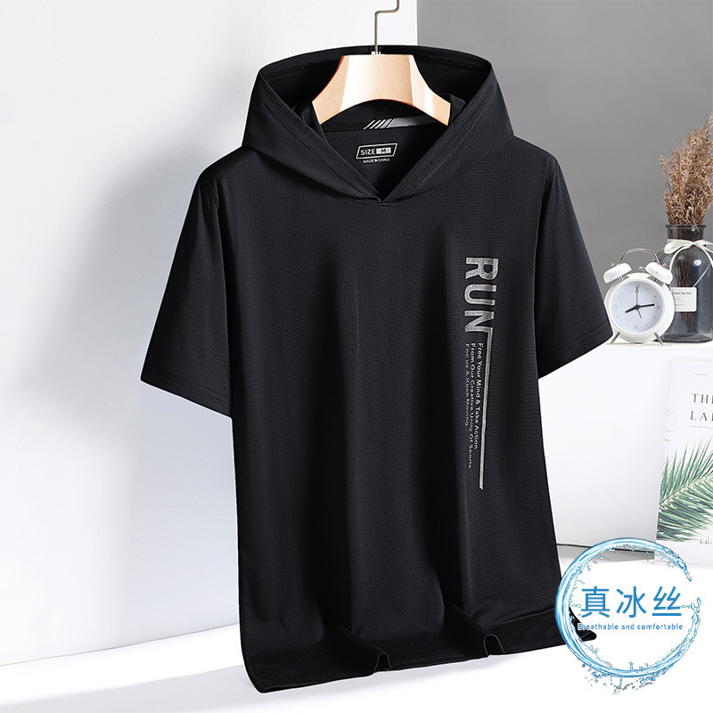 Thin breathable quick dry elastic short sleeve T-shirt with hood for…