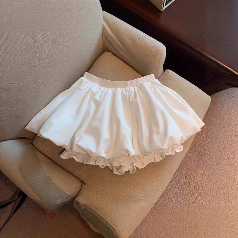 セクシーな女の子の露出防止ふわふわ超ショートスカート白いつぼみスカート女性の夏の小柄なハイウエストAライン|undefined