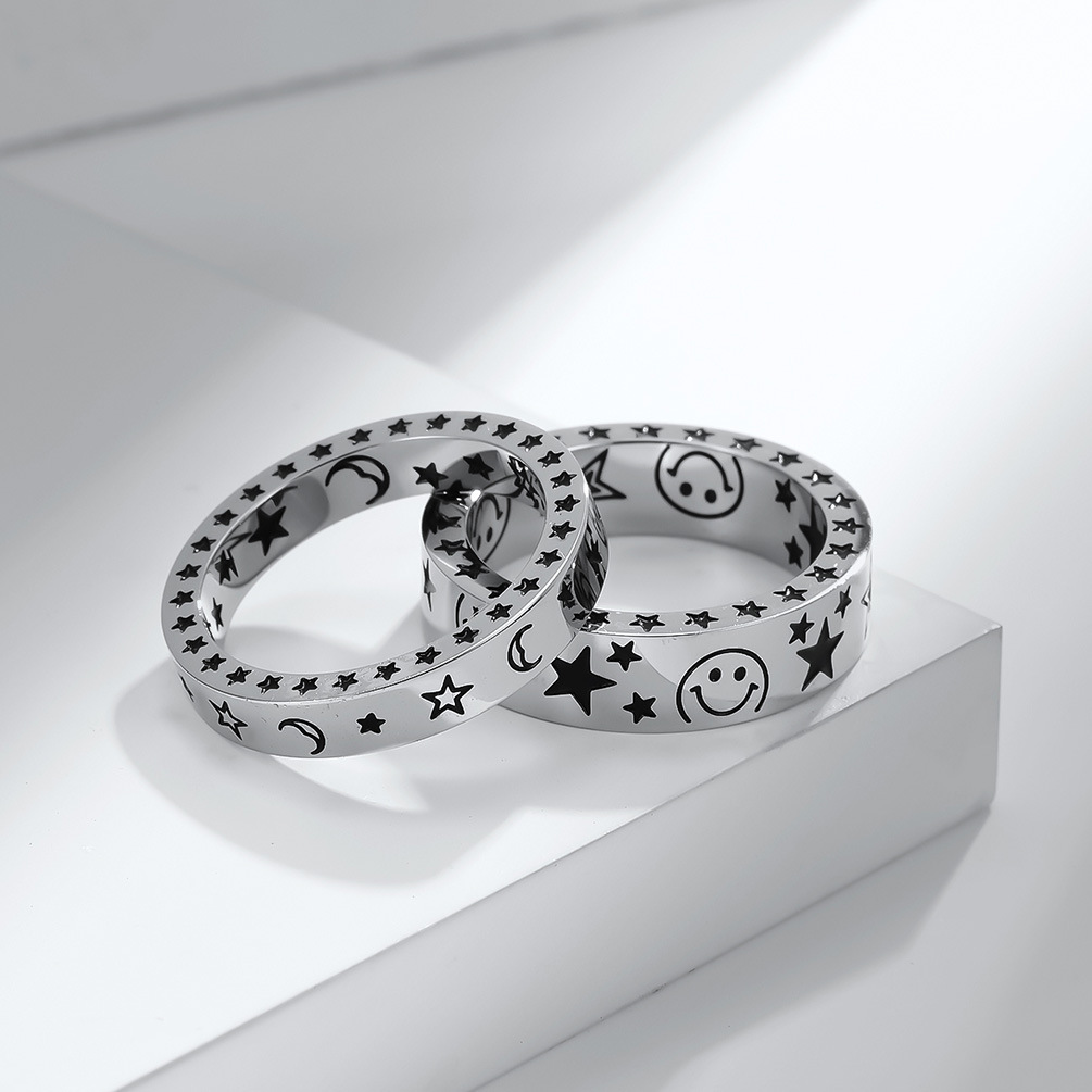 Fashion Geometric Smiley Star Moon Coupleu0027s Stainless Steel Ring