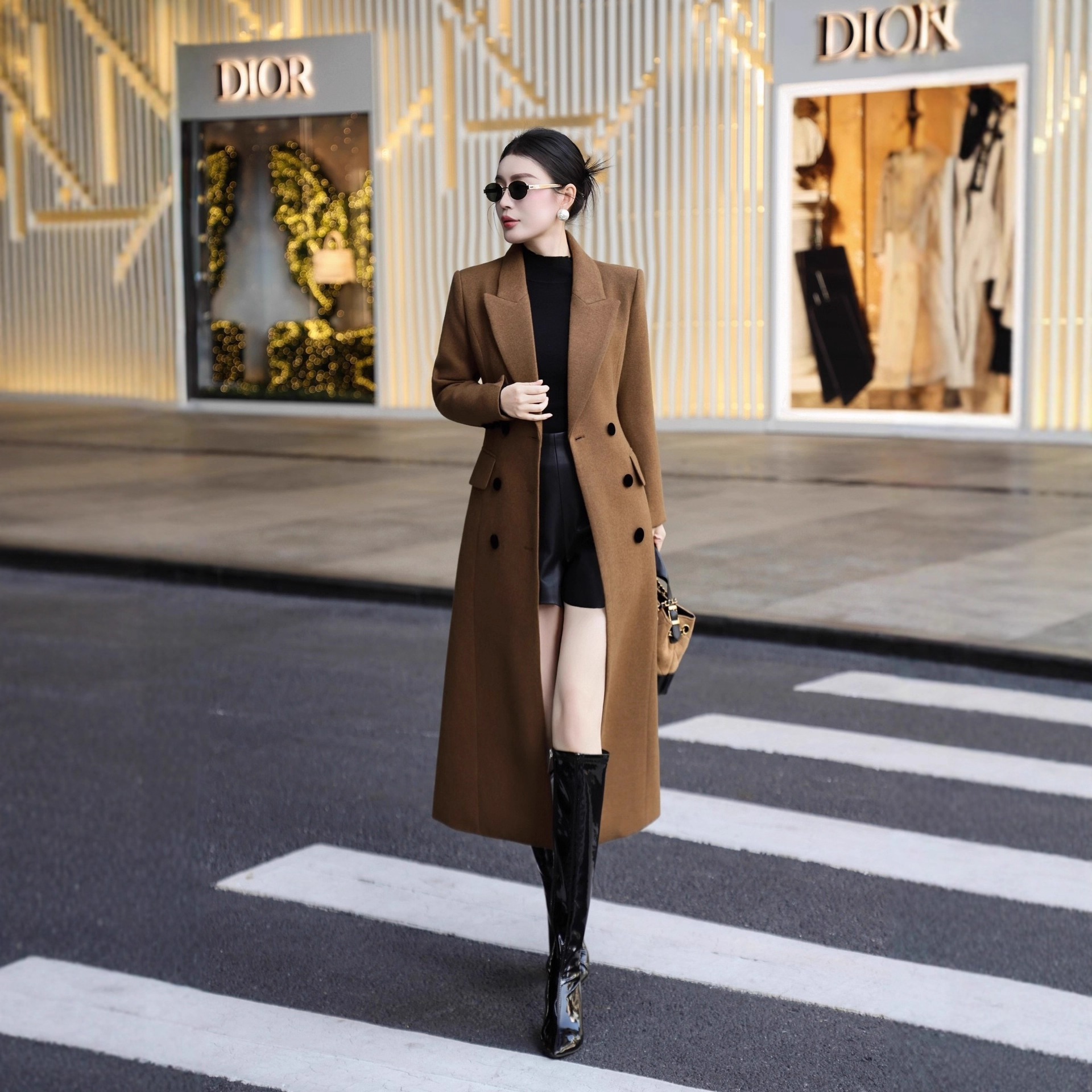 Camel Double-Sided Woolen Outwear for Women, Extra Long Over-The-Knee Double-Breasted Suit Collar Hepburn Style Thickeneded Woolen Outwear