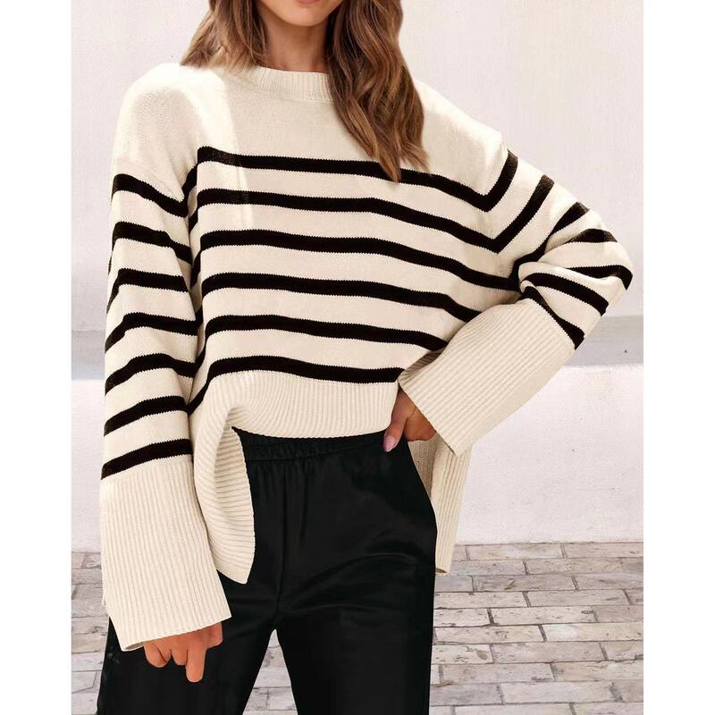 Autumn/winter 2024 new European and American cross-border Asian wish Mason hot selling loose striped fat sleeve knitted women's top