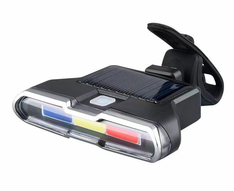 Bicicleta de montaña solar, carga USB, luz de advertencia nocturna, intermitente, bicicleta de tres colores, luz trasera, bicicleta con