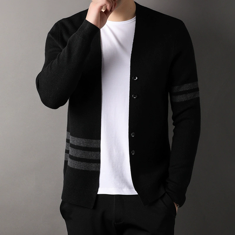 Новый мужской кардиган с V-образным вырезом, свитер 2023, осень, новая мода, повседневный полосатый свитер, куртка для молодежи и среднего возраста