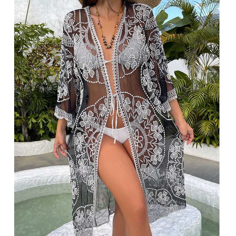 Bikini de seda soluble en agua para mujer, ropa de protección solar, con tirantes bordados calados, holgado, sexy e informal._voghion.com
