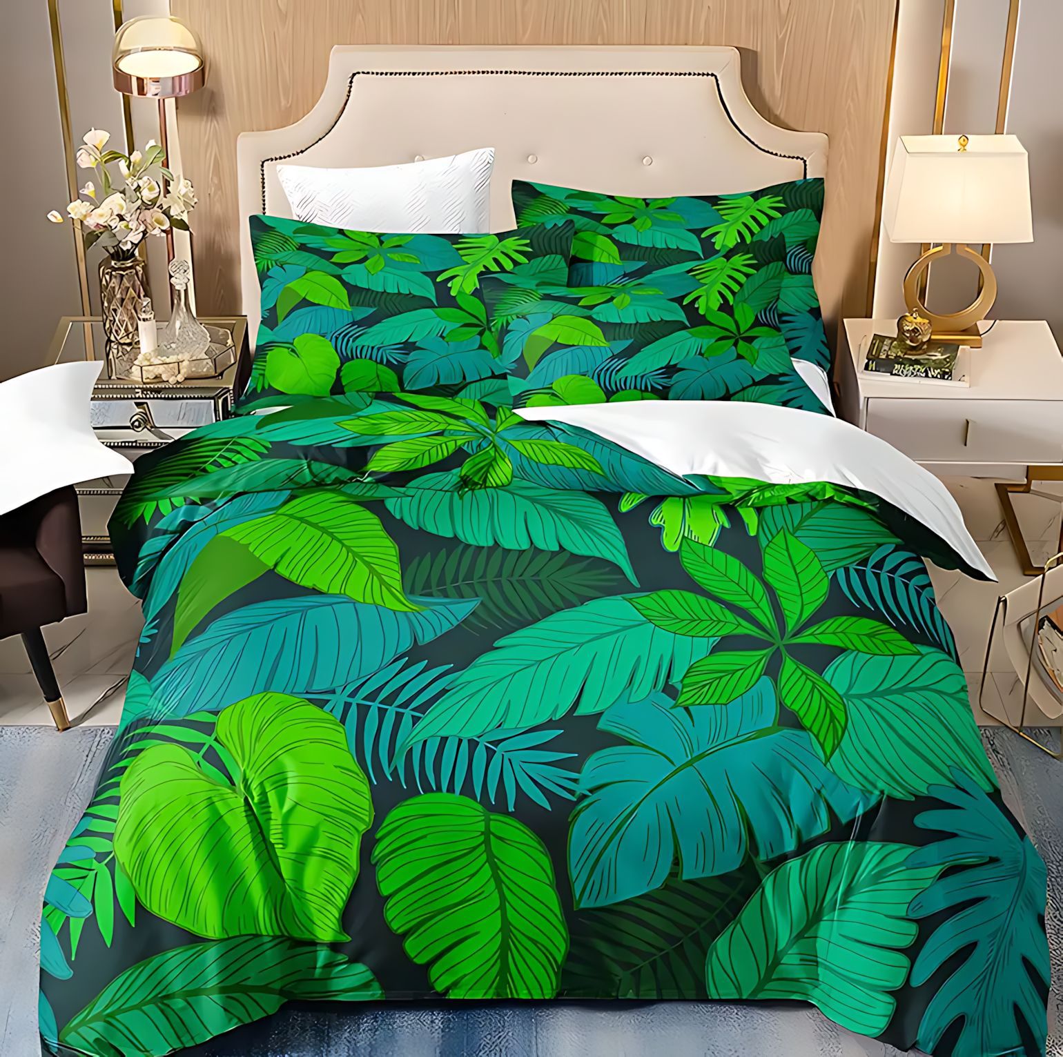 TEMU / JIT Amazon nuevo tema de hoja verde impresión digital de alta definición colchón colchón kit de almohada