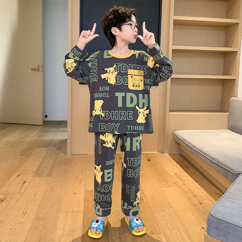 어린이 잠옷 십대 소년 순면 봄과 가을 큰 소년 집 옷 봄 2024 새로운 긴 소매 세트