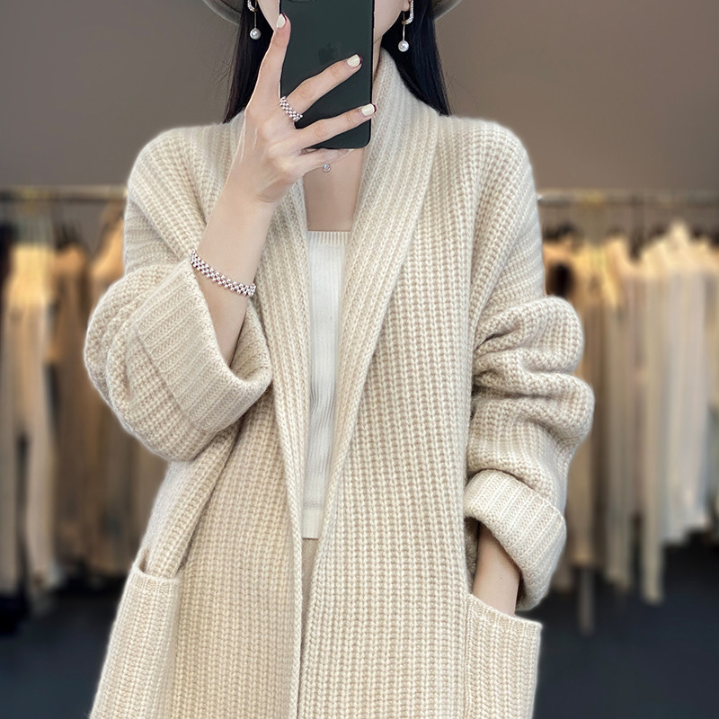 Fall 2023 heavy mid-length V-neck all-match sweater cardigan women's loose coat sweater with pocket women's outer wear