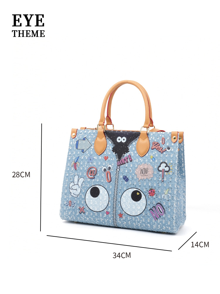 Damas de gran tamaño, cremallera bordada de tejido denim, gran capacidad de moda, contraste de color para damas, almacenamiento de dibujos animados 2707 #