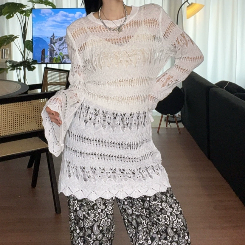 Летнее пляжное платье-туника из тенселя с вырезами, длинными рукавами, защитой от солнца, трикотажное, в наличии