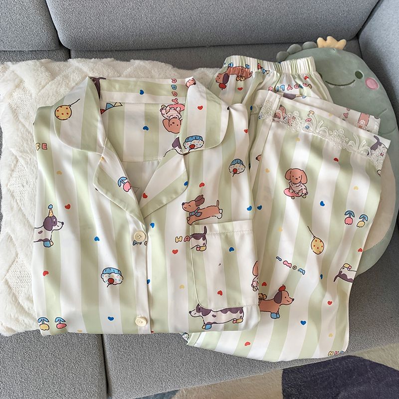 Entidad al por mayor productos de alta calidad primavera nuevo pijama de seda de hielo y nieve para mujeres delgada de verano dibujos animados set de ropa para el hogar se puede usar fuera