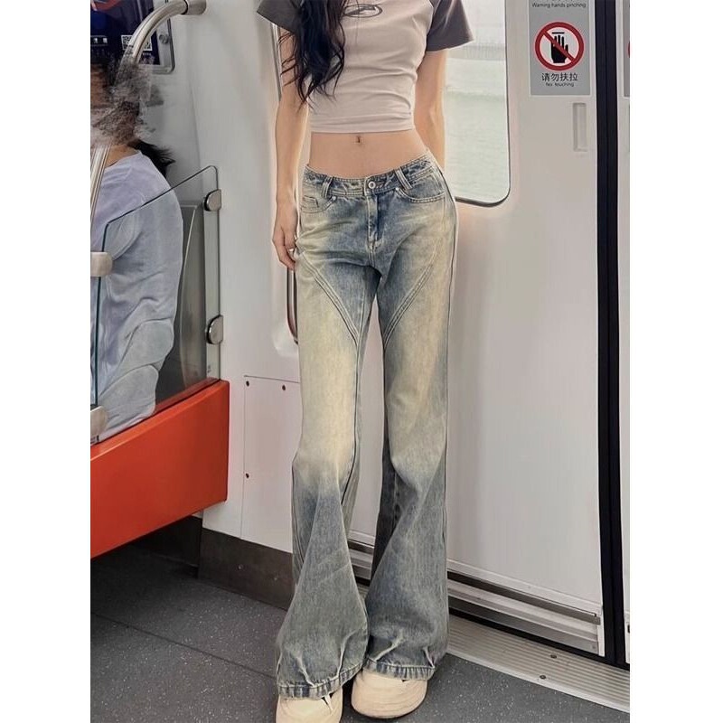 American Retro Washed Vintage Low-Waist Flared Jeans for Women with a Unique Design, Straight-Cut, Slimming, Wide-Leg, Floor-Length Pants American Retro Washed Vintage Low-Waist Flared Jeans for Women with a Unique Design, Straight-Cut, Slimming, Wide-Leg, Floor-Length Pants