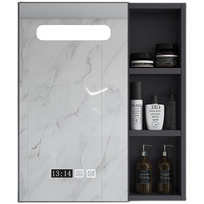 Armario de espejo de baño de lujo ligero simple con estante de almacenamiento espejo de baño caja de espejo de baño almacenamiento montado en la pared de fibra de carbono