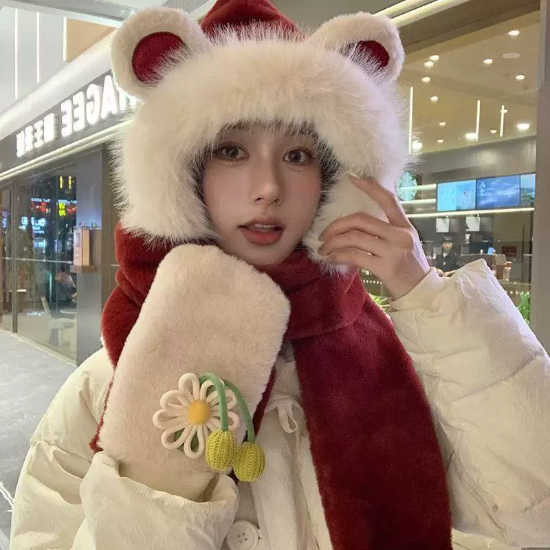 新款2025可爱加绒加厚保暖围巾手套一体帽子三件套保暖加绒