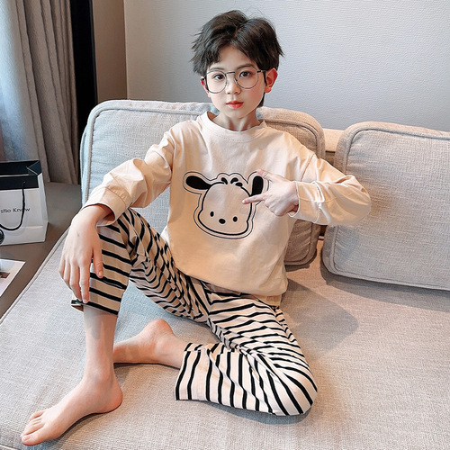 Children's New Spring and Autumn Pure Cotton Pajamas for Boys and Girls Students Thin Long Sleeve Home Suit Spring and Summer Air Conditioning Suit
