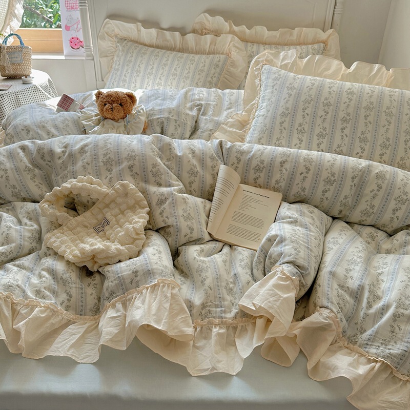クラスA母子グレードの純綿4点セット、フランス製二重ガーゼ、小花柄、綿100レース寝具|undefined