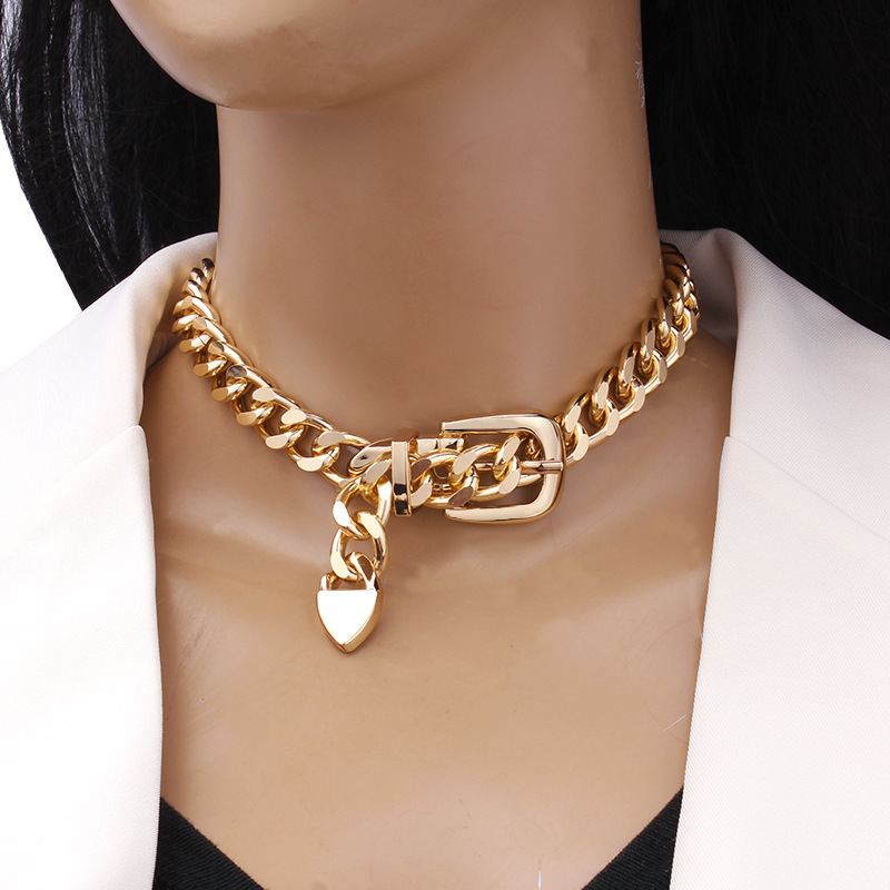 European and American Cross-border Jewelry Punk Coarse Chain Belt Buckle Clavicle Necklace Women Hip-hop Heavy Metal Geometric Necklace