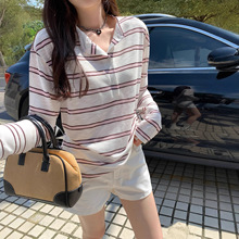 慵懒风条纹圆领长袖T恤女装2025早秋季新款宽松休闲百搭套头上衣
