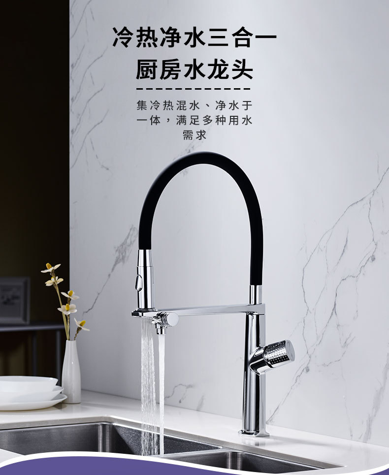 Purified water kitchen faucet, silicone tube for direct drinking water, three-in-one sink for washing vegetables, universal cold and hot water, brass water dragon Application Scenario