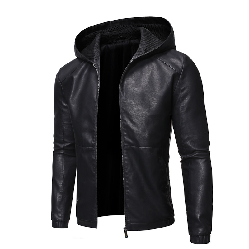 Otoño y invierno chaqueta de cuero con capuz para hombres con vello locomotora delgada chaqueta de cuero de piel de piel de piel de piel de estilo coreano chaqueta con capuz para jóvenes