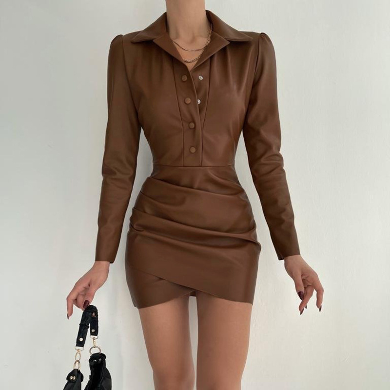 Solid Color Pleated Pu Leather Dress NSAFS102555