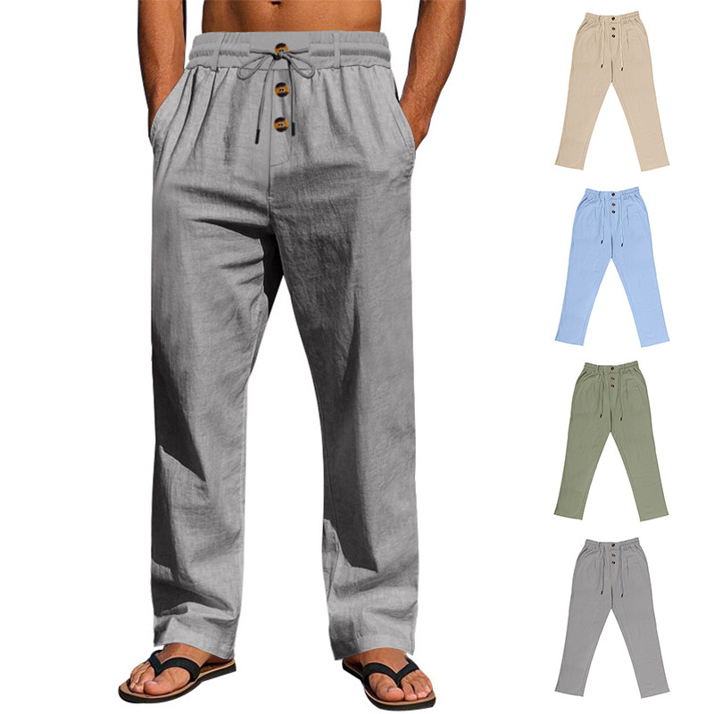 Cross-border Independent Station American Casual Men's Beach Trendy Button Loose Skin-friendly Breathable Sports Linen Trousers Cross-border Independent Station American Casual Men's Beach Trendy Button Loose Skin-friendly Breathable Sports Linen Trousers