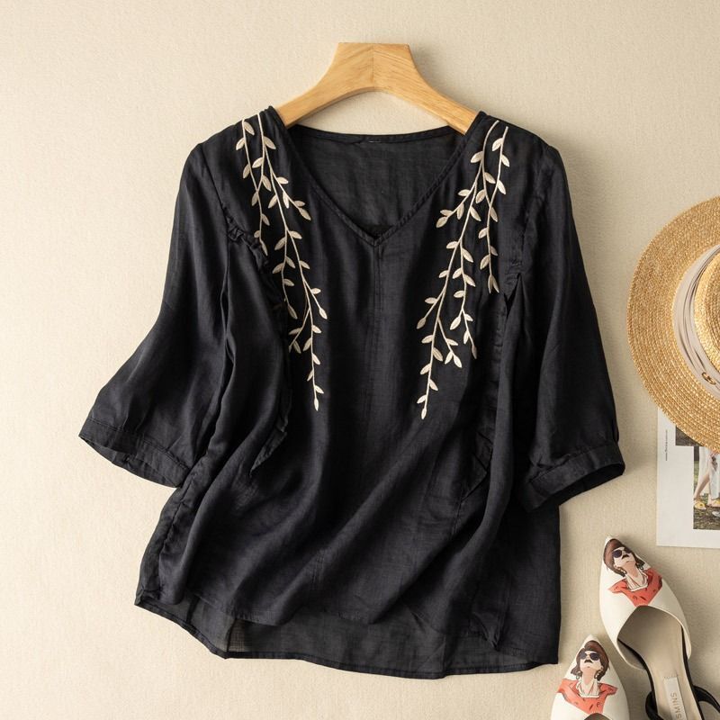 中高年ママの夏綿麻トップスレディース高級リネン刺繍夏ライト高級ラミーレディース半袖Tシャツ|undefined
