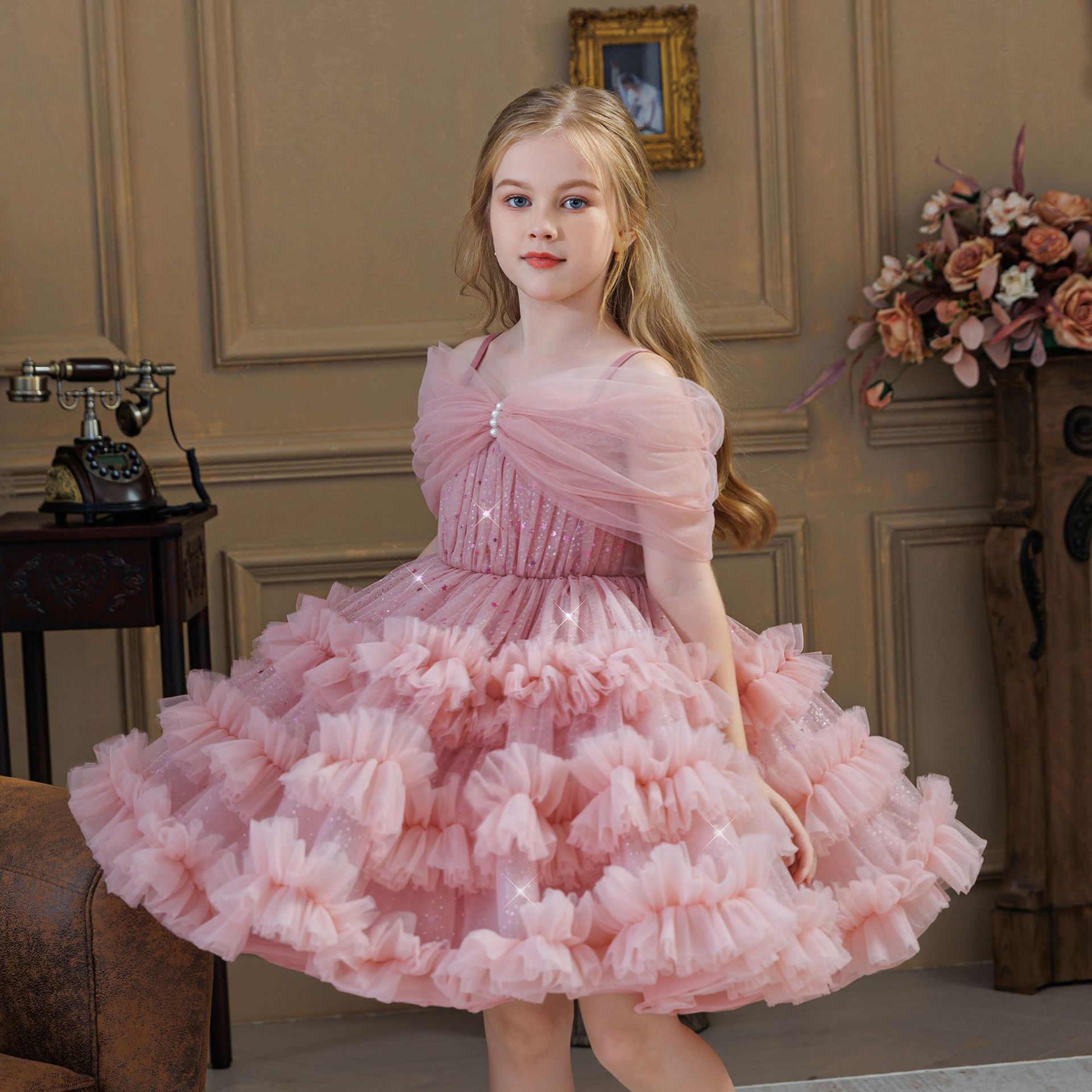 Cross-Border Little Girl's Birthday Party One-Shoulder Princess Dress Flower Girl Wedding Dress Piano Host Performance Outfit