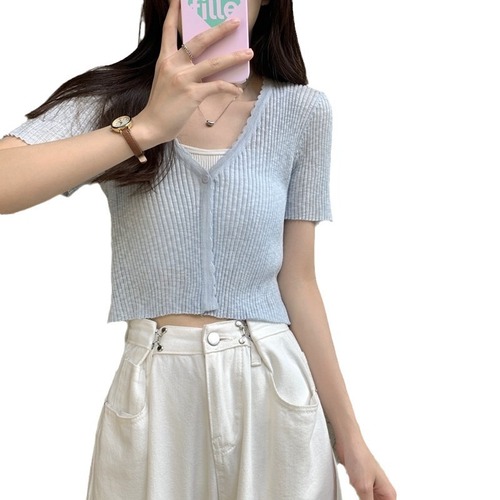 Ice silk knitted short-sleeved cardigan thin women's shawl summer with suspender skirt and sun protection blouse French waistcoat