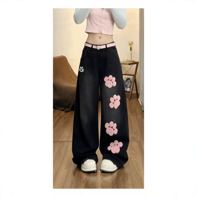 New Style Lazy Women's Clothing, Sweet and Cute Cat Claw Embroidered Jeans, Women's High-Waisted Loose Wide-Leg Floor-Length Pants, Versatile