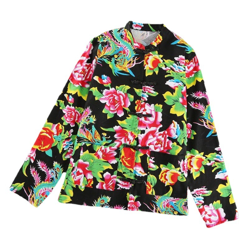 Северо-Восточный тканевый тонкий женский костюм Тан с большими цветами и длинными рукавами, деревенский топ для девочек, весна-лето-осень, пальто в этническом стиле Errenzhuan для выступлений