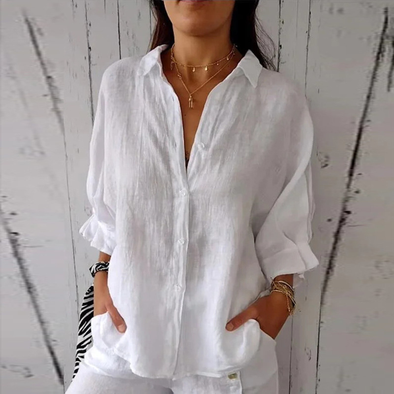 In-Stock European and American Cross-Border Independent Station 2025 Spring and Autumn New Cotton and Linen Tops with Back Tie Design Loose Shirts