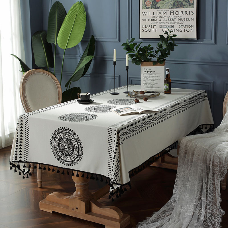 Bohemian Mandala Print Black Tassel Rectangular Home Coffee Table Table Cloth display picture 2