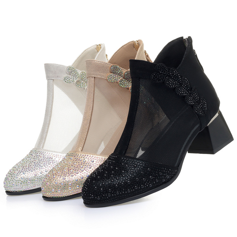 Giày boot nữ cổ thấp da thật lỗ thoáng khí gót thô 5 cm — màu đen