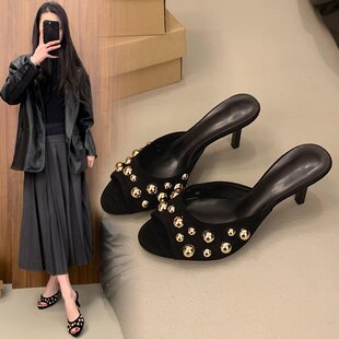 Black Studded High-Heeled Sandals for Women, 2025 Summer New Style, Elegant Stiletto Heel, Slip-On Mules for Outdoor Wear