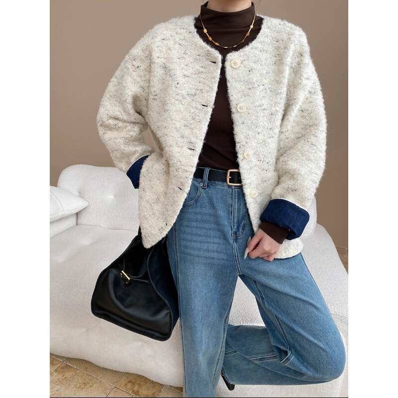 Si Nan Blogger's Style, French High-End Feel, Patchwork Denim Cuffs, Tweed Chanel-Style Jacket Sn8206
