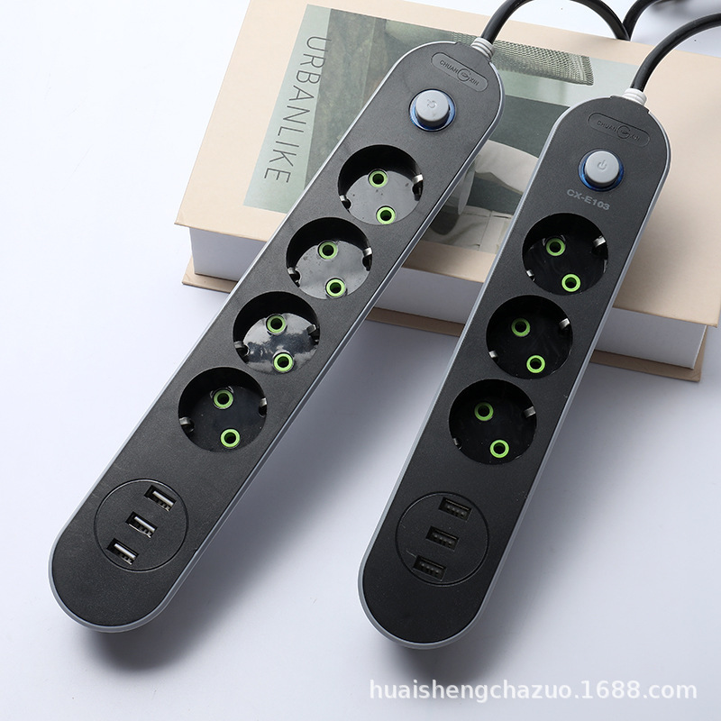 Chuang Xin negro CX-E103 socket de estilo europeo ruso fila enchufe 3USB puerto de carga