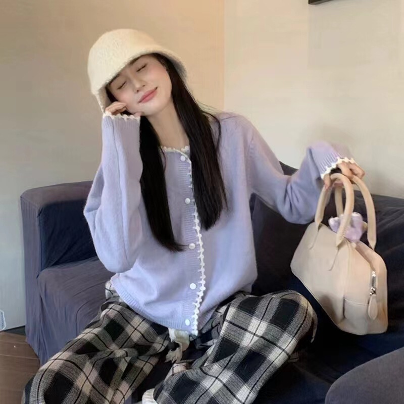 Elegant purple round neck lace sweater cardigan 2024 Spring and Autumn New Korean style gentle western style chic top for women Elegant purple round neck lace sweater cardigan 2024 Spring and Autumn New Korean style gentle western style chic top for women
