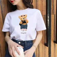 欧美跨境小熊女装白t恤短袖棉女夏季情侣装时尚体恤衫潮4XL亚马逊
