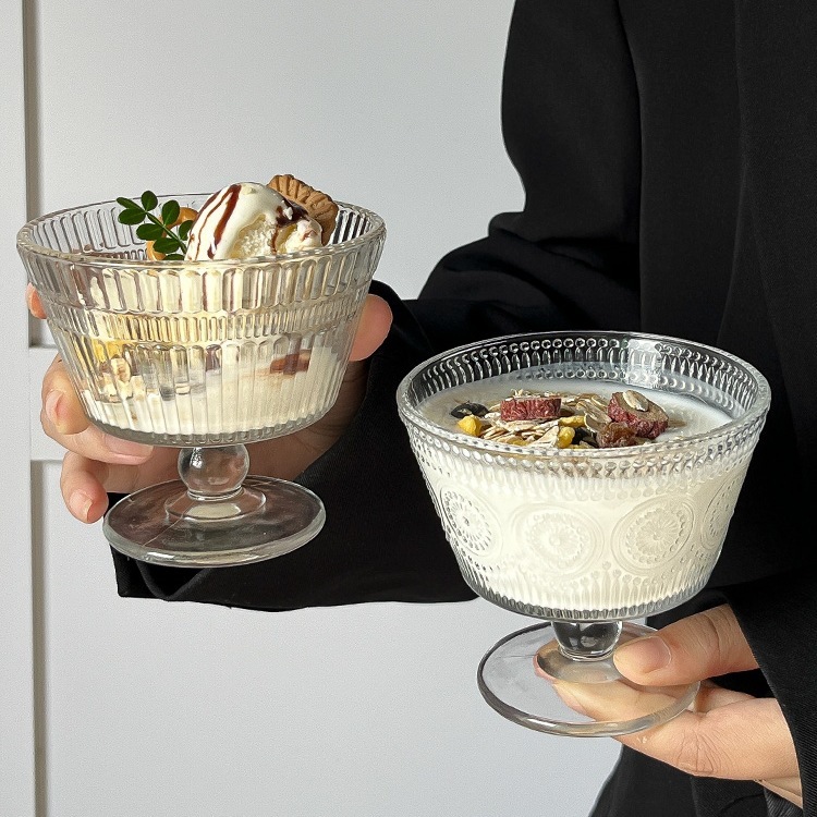 レトロなエンボス加工のひまわりガラスボウルインスタイルホームアイスクリームボウルヨーグルトオートミール朝食デザートボウル|undefined