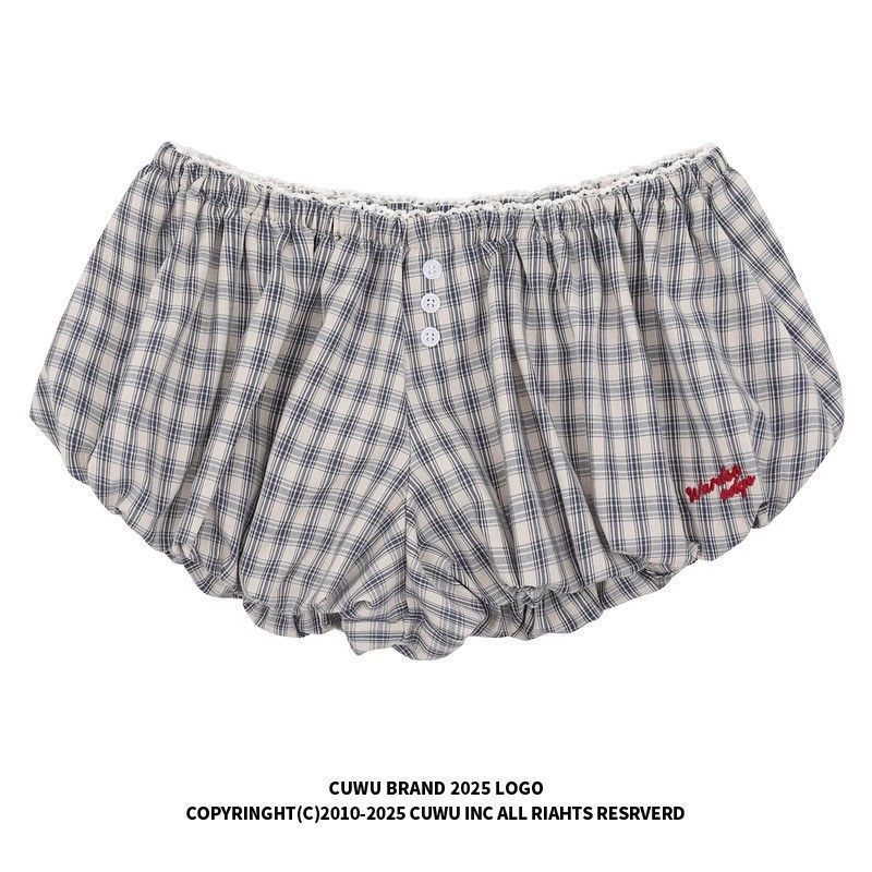 Gray Pants for Petite Women, Ultra-Short Casual Pants, Floral Bubble Shorts, A-Line Summer Bubble Plaid Hot Pants, Low-Waist