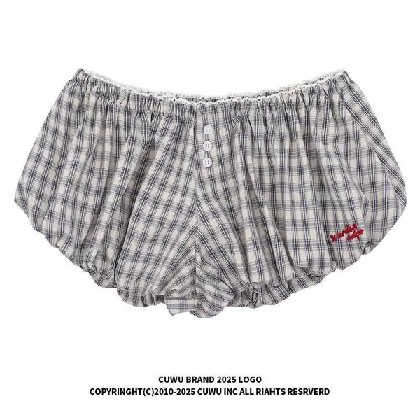 Gray Pants for Petite Women, Ultra-Short Casual Pants, Floral Bubble Shorts, A-Line Summer Bubble Plaid Hot Pants, Low-Waist
