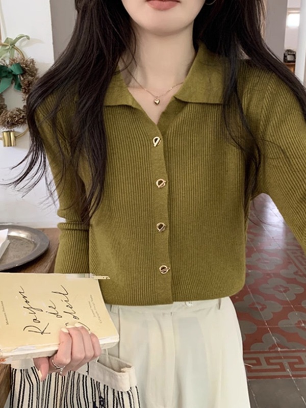 别致polo领纽扣针织羊毛衣外套秋chic法式复古内搭长袖上衣女开衫|undefined