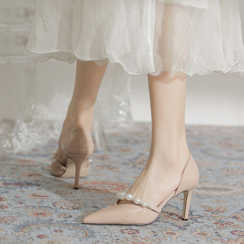 6268-A12 Pearl Hollow Shoes Women's Thin Heel Pointed Toe Shallow Mouth Fashion High Heels Bridesmaid Shoes Banquet Wedding Shoes