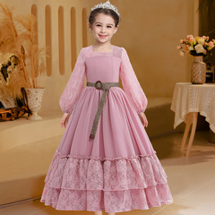 歐美新款蕾絲女童公主裙長款花童雪紡氣質連衣裙兒童表演禮服裙